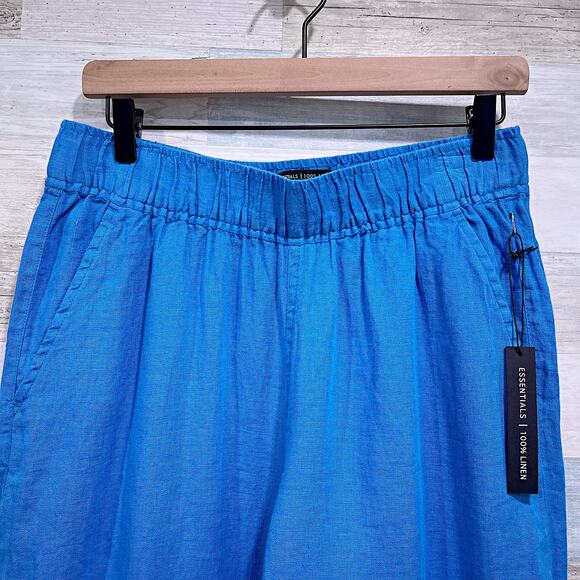 TAHARI Linen Wide Leg Crop Pants Blue Pull On Elastic Waist Casual Womens Medium - Picture 3 of 6